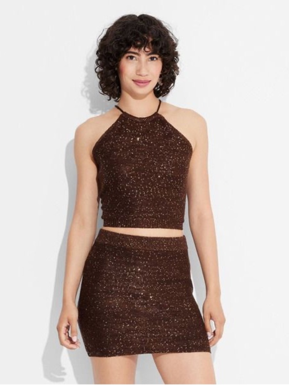 wild fable Brown Glitter Halter Crop Top and skirt